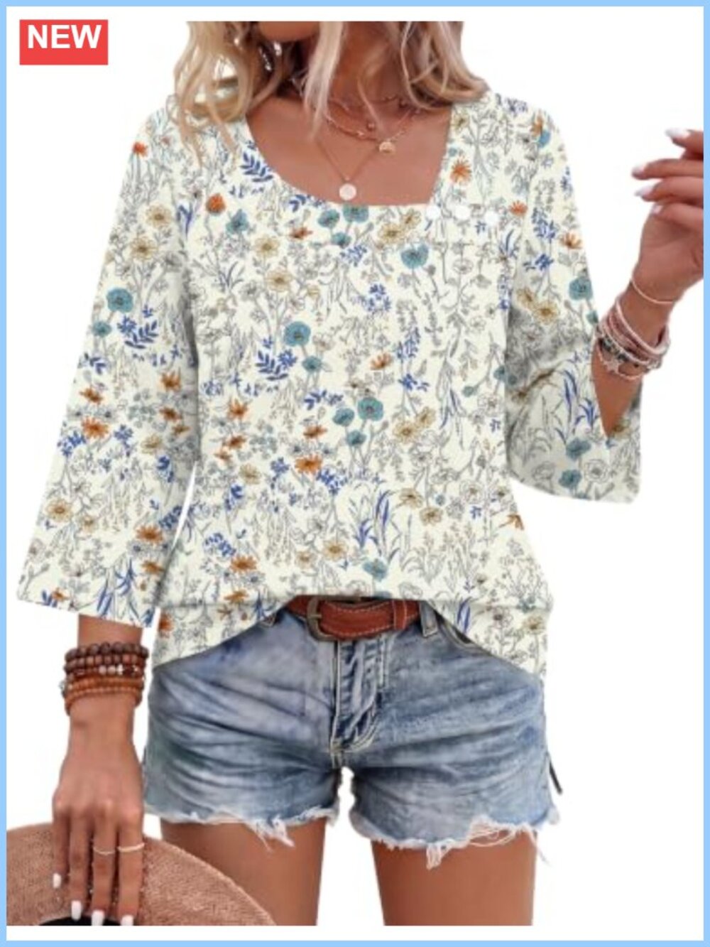 LOMON Womens 3/4 Sleeve Asymmetrical Neck Cotton Linen Button-Front Blouse